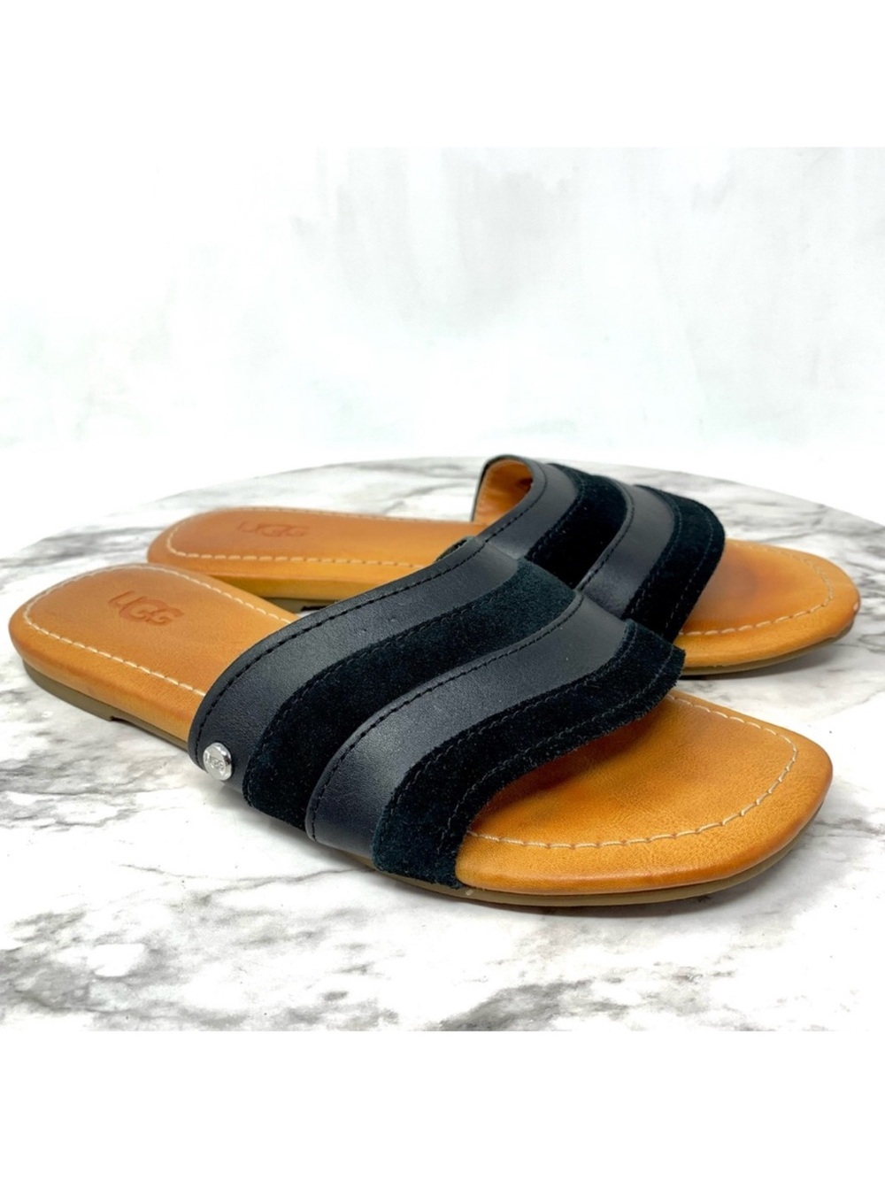 UGG Ximema Black Leather Open Toe Slide Sandals 5.5 Bohemian Boho Casual Summer
